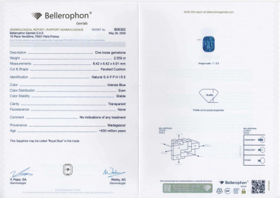 Certificate Unbehandelter kissenförmig geschliffener königsblauer saphir 2,56 karat, Madagaskar