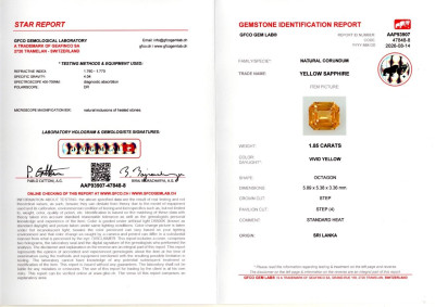 Certificate Sapphire Vivid Yellow octagon cut 1.05 carats, Sri Lanka