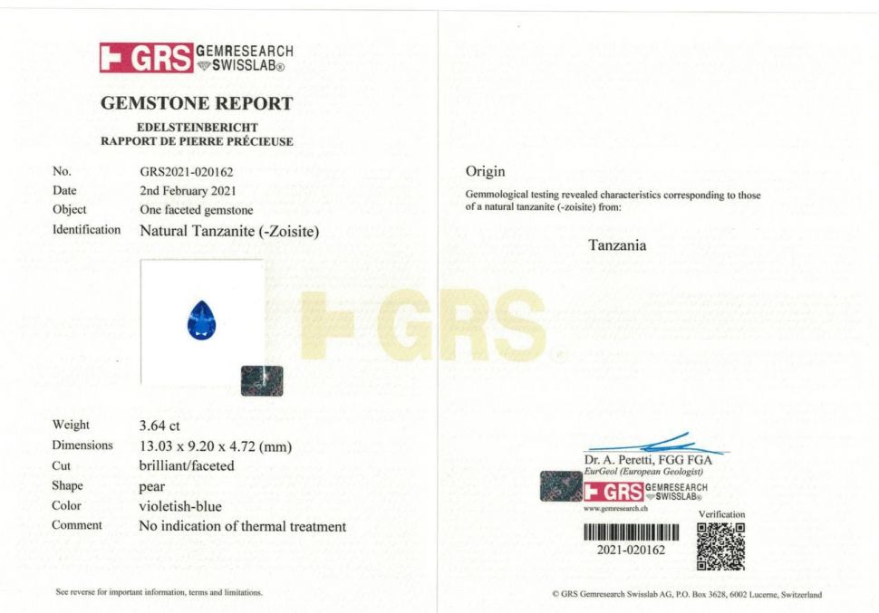 Certificate Rich unheated tanzanite, pear cut, 3.64 ct, GRS