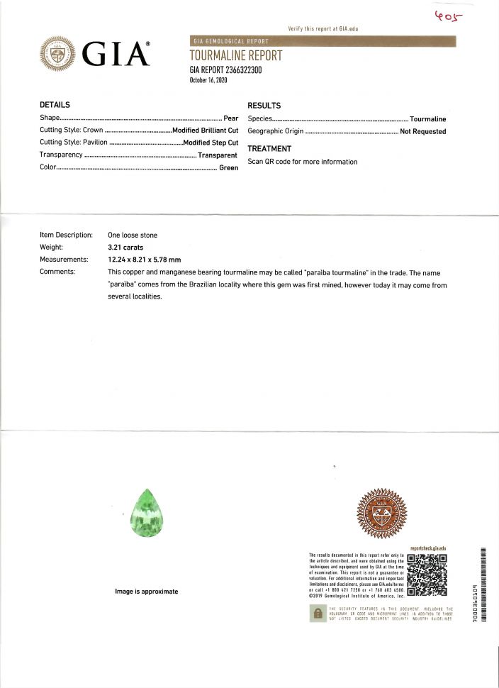 Certificate Pear-cut green Paraiba 3.21 ct, GIA