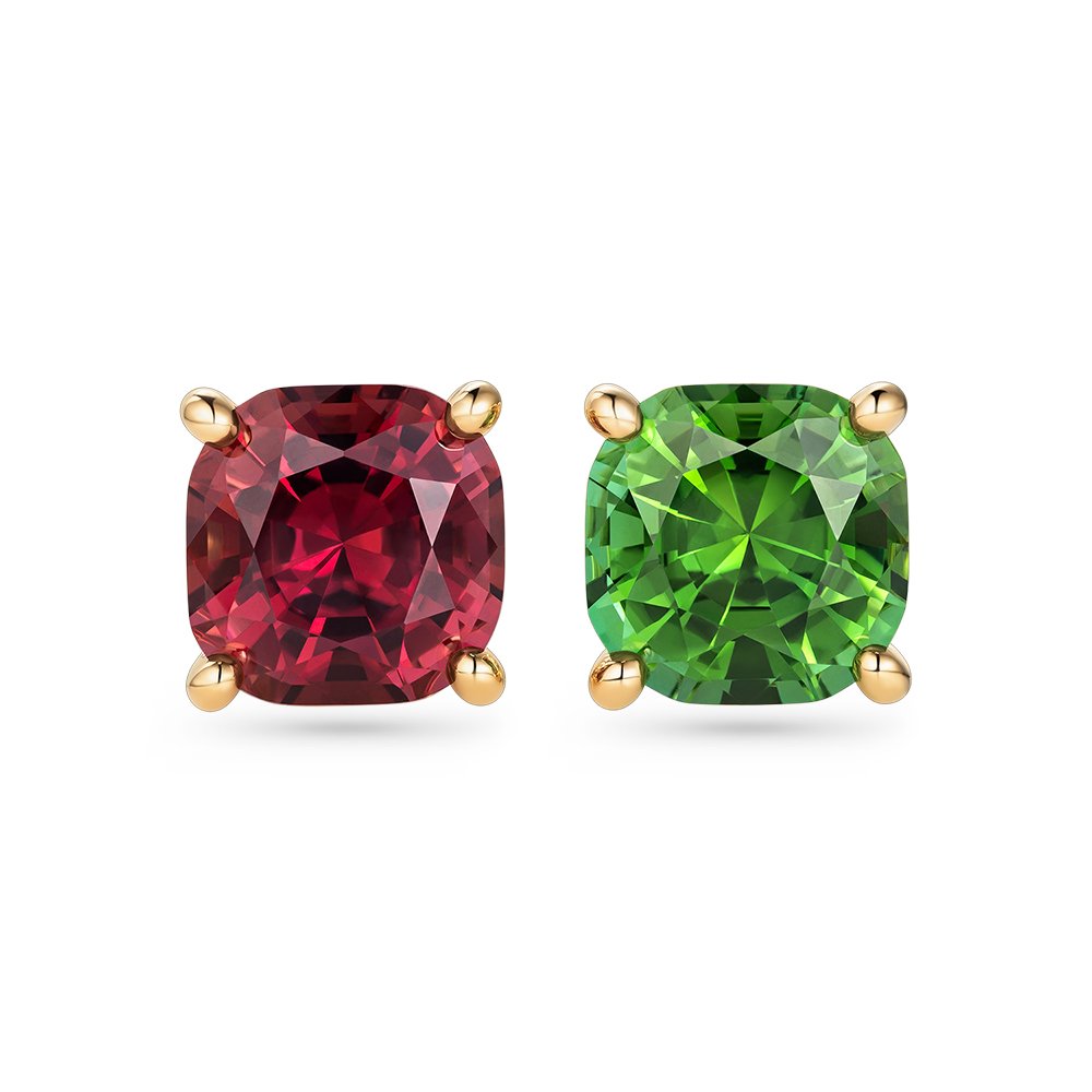 Red and green tourmaline earrings in 18K yellow gold Image №1