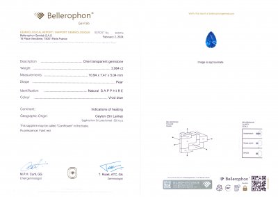 Certificate Saphir Bleuet Bleuet 3,06 carats taille poire, Sri Lanka