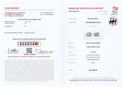 Certificate Paar tiefblaue Santa Maria-Aquamarine im Kissenschliff mit 9,69 Karat