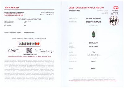Certificate Tourmaline indigolite bleu verdâtre taille poire 2,61 carats, Brésil