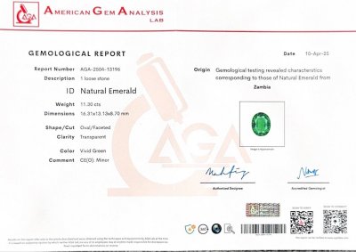 Certificate Grande émeraude verte vive taille ovale de 11,30 carats, Zambie