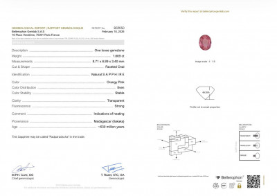 Certificate Saphir Padparadscha, taille ovale 1,67 carat, Madagascar