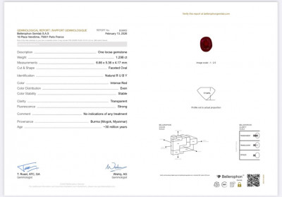 Certificate Unheated ruby Intense Red oval cut  1.30 carats, Burma (Mogok)