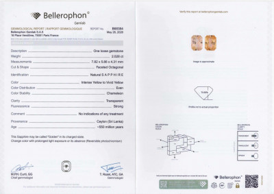 Certificate Unbehandelter goldgelber saphir, chamäleon förmiger, strahlend geschliffener 2,03 karat,aus Sri Lanka