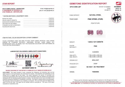 Certificate Pair of cushion cut spinels 3,18 ct, Tanzania