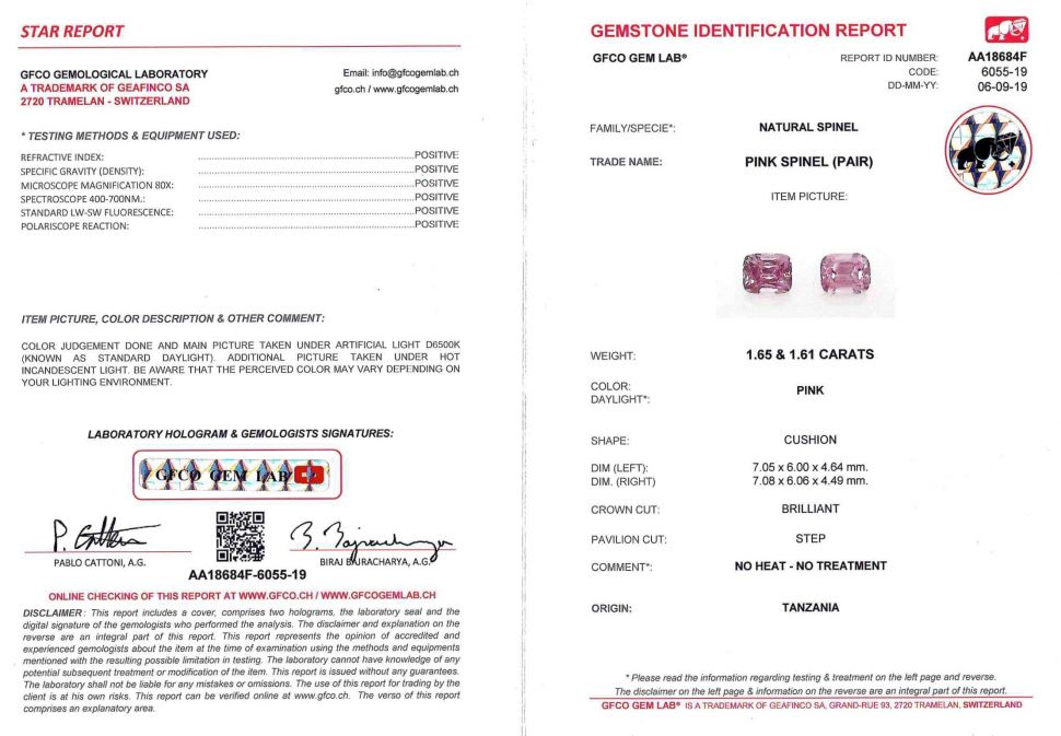 Certificate Pair of cushion-cut spinels 3,18 ct, Tanzania