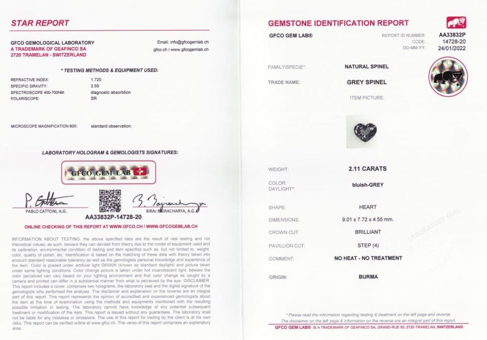 Certificate Heart cut Burmese steel spinel 2.11 ct