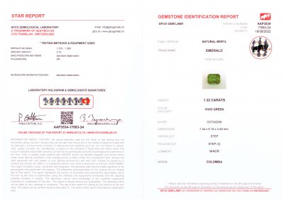 Certificate Colombian Emerald Vivid Green 1.32 ct