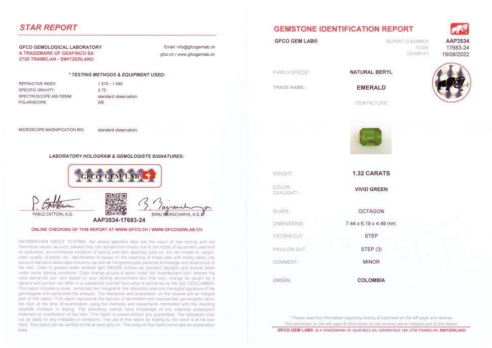 Certificate Colombian Emerald Vivid Green 1.32 ct