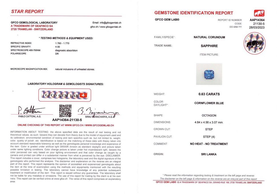 Certificate Untreated octagon cut blue sapphire 0.63 ct, Sri Lanka
