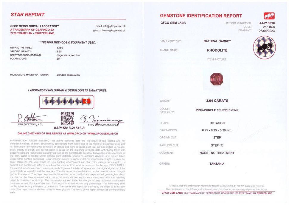 Certificate Red-pink octagon cut garnet from Tanzania 3.04 ct