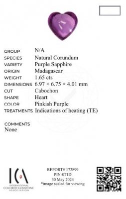 Certificate Zafiro talla corazón púrpura 1,65 quilates, Madagascar 