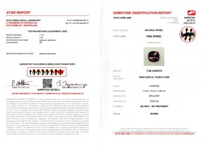 Certificate Lila spinell im kissenschliff 7,08 karats, Burma