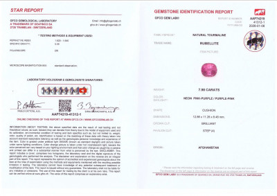 Certificate Tourmaline rubellite rose vif taille coussin 7,98 carats, Afghanistan