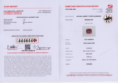 Certificate Grenat rhodolite taille coussin de 5,31 carats, de Tanzanie