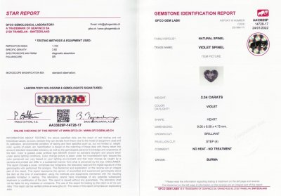 Certificate Grayish purple heart cut spinel 2.34 ct, Burma