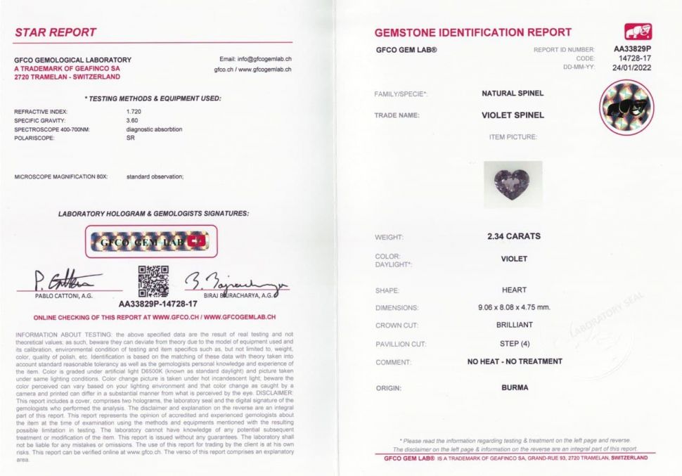 Certificate Grayish purple heart cut spinel 2.34 ct, Burma