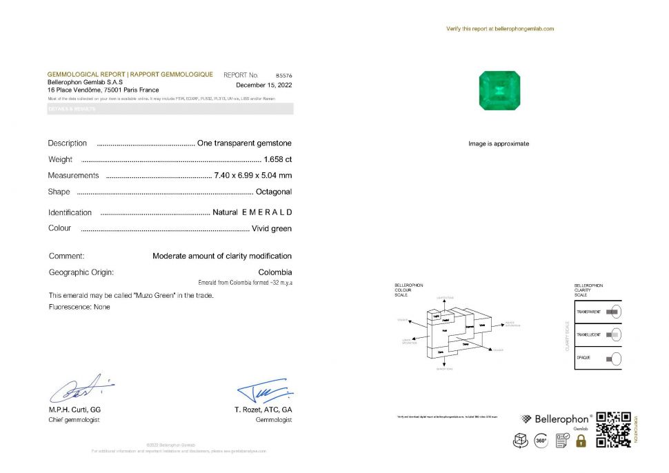 Certificate Intense Colombian emerald Muzo Green 1.65 ct