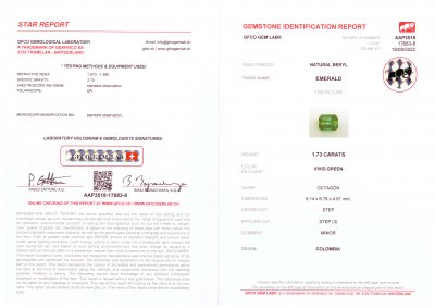 Certificate Vivid Green emerald 1.73 ct, Colombia