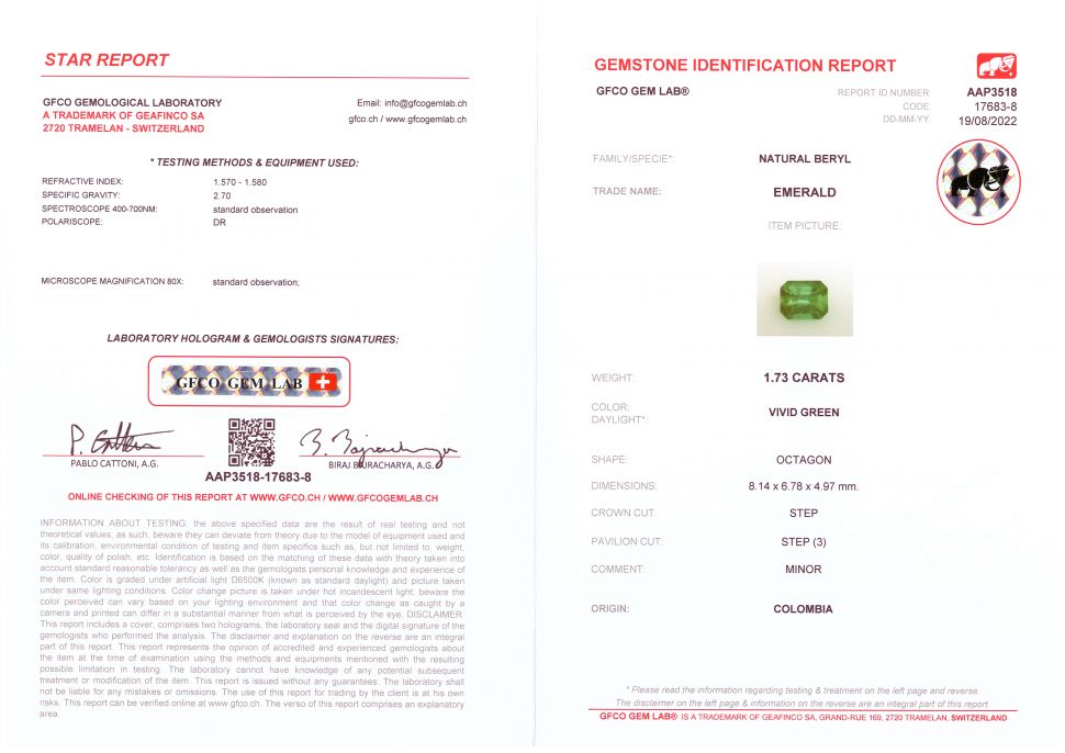Certificate Intense emerald 1.73 ct, Colombia