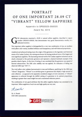 Certificate Zafiro grande de talla octogonal amarillo sin tratar de 28,09 quilates, Sri Lanka