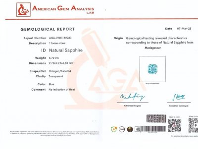 Certificate Saphir taille radiant non chauffé de couleur sarcelle, 5,72 carats, Madagascar