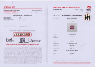 Certificate Malaya-granat im kissenschliff 1,92 karat, Tansania 