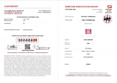 Certificate Rosa turmalin strahlend geschliffener 8,40 karat, dem Kongo 