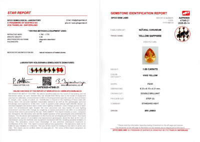 Certificate Leuchtend gelber saphir im birnen schliff 1,60 karat, Sri Lanka