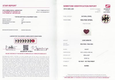 Certificate Pinkish red Burmese heart cut spinel 2.58 ct