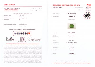 Certificate Colombian Vivid Green emerald in octagon shape 3.99 ct, GRS