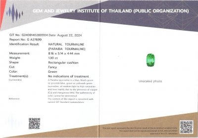 Certificate Tourmaline Paraiba taille coussin vert fluo 1,30 carats, Brésil 