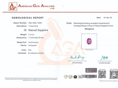 Certificate Saphir rose taille ovale de 6,10 carats, Sri Lanka