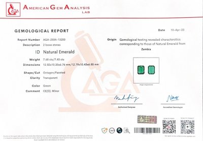Certificate Pair of emeralds Vivid Green octagon cut 15.11 carats, Zambia