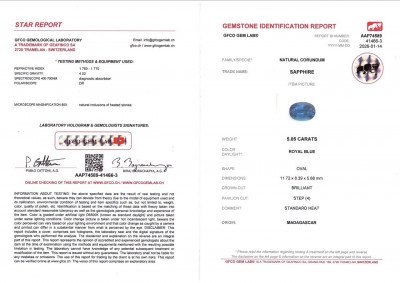 Certificate Saphir bleu royal ovale de 5,05 carats, Madagascar