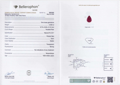 Certificate Unbehandelter rubin, birnenförmig geschliffener 2,53 karat, Mosambik