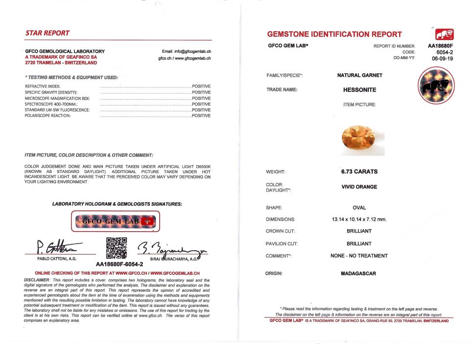 Certificate Mandarin garnet hessonite 6.73 ct from Madagascar, GFCO