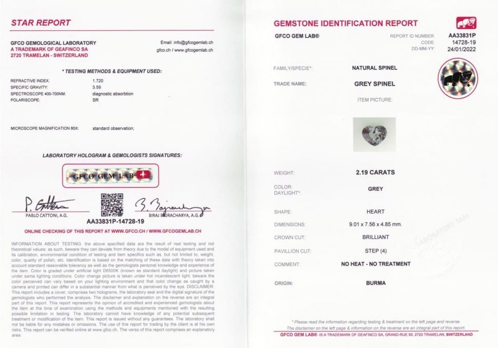 Certificate Light gray heart cut spinel 2.19 ct, Burma
