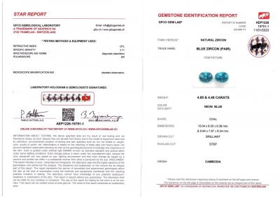 Certificate Pair of brilliant blue oval cut zircons 9.33 ct
