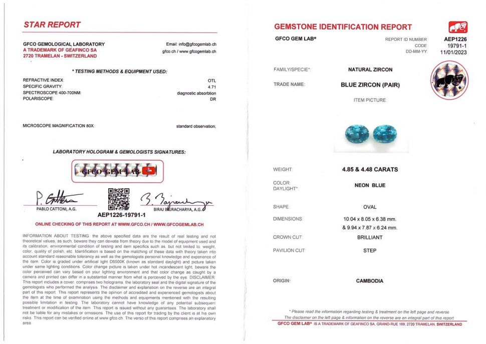 Certificate Pair of bright blue zircons 9.33 ct