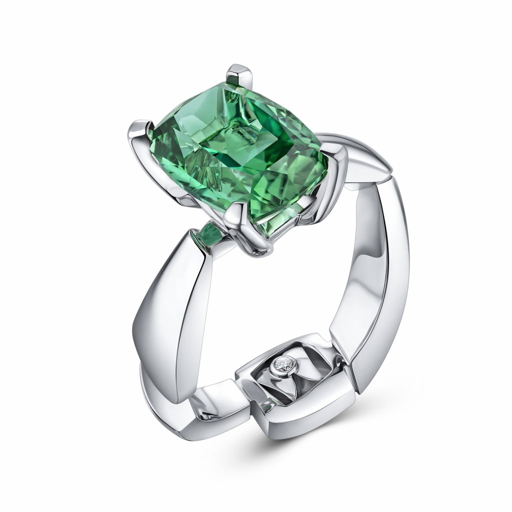Mint tourmaline ring in 18K white gold Image №1
