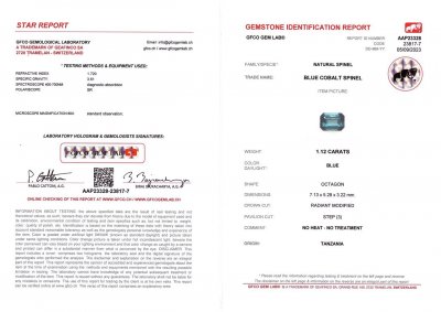 Certificate Intense cobalt spinel in radiant cut  1.12 ct, Tanzania