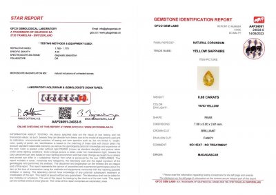 Certificate Gelber, ungewärmter Saphir im Tropfenschliff, 0,69 Karat, Madagaskar