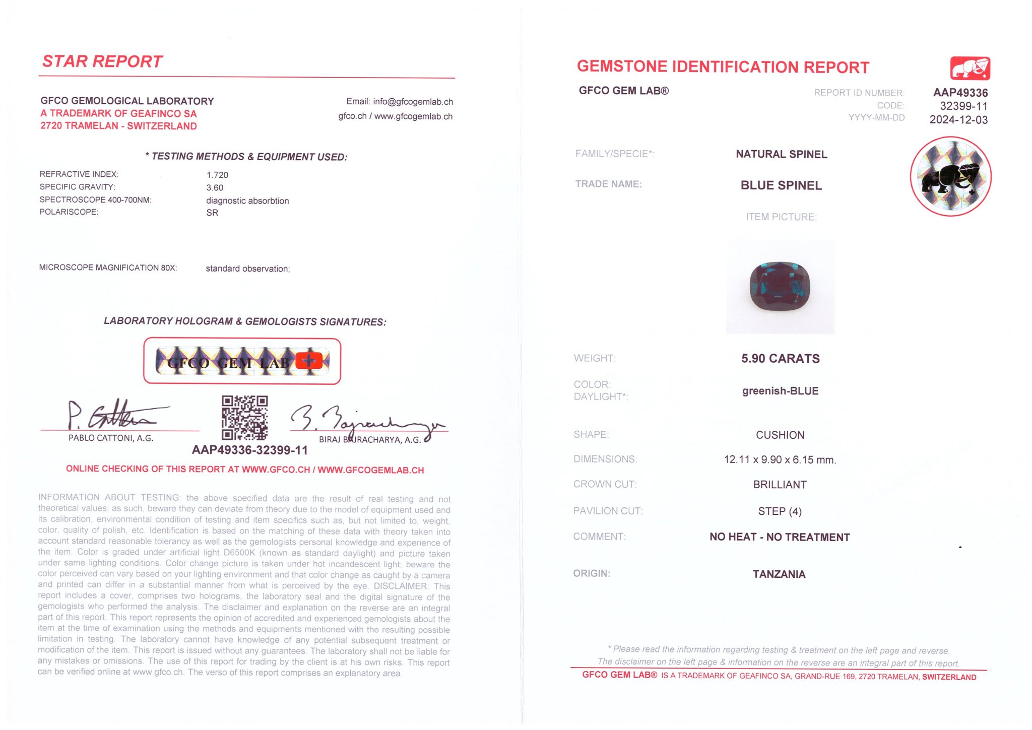 Spinelle bleu taille coussin 5,90 carats, Tanzanie Image №6