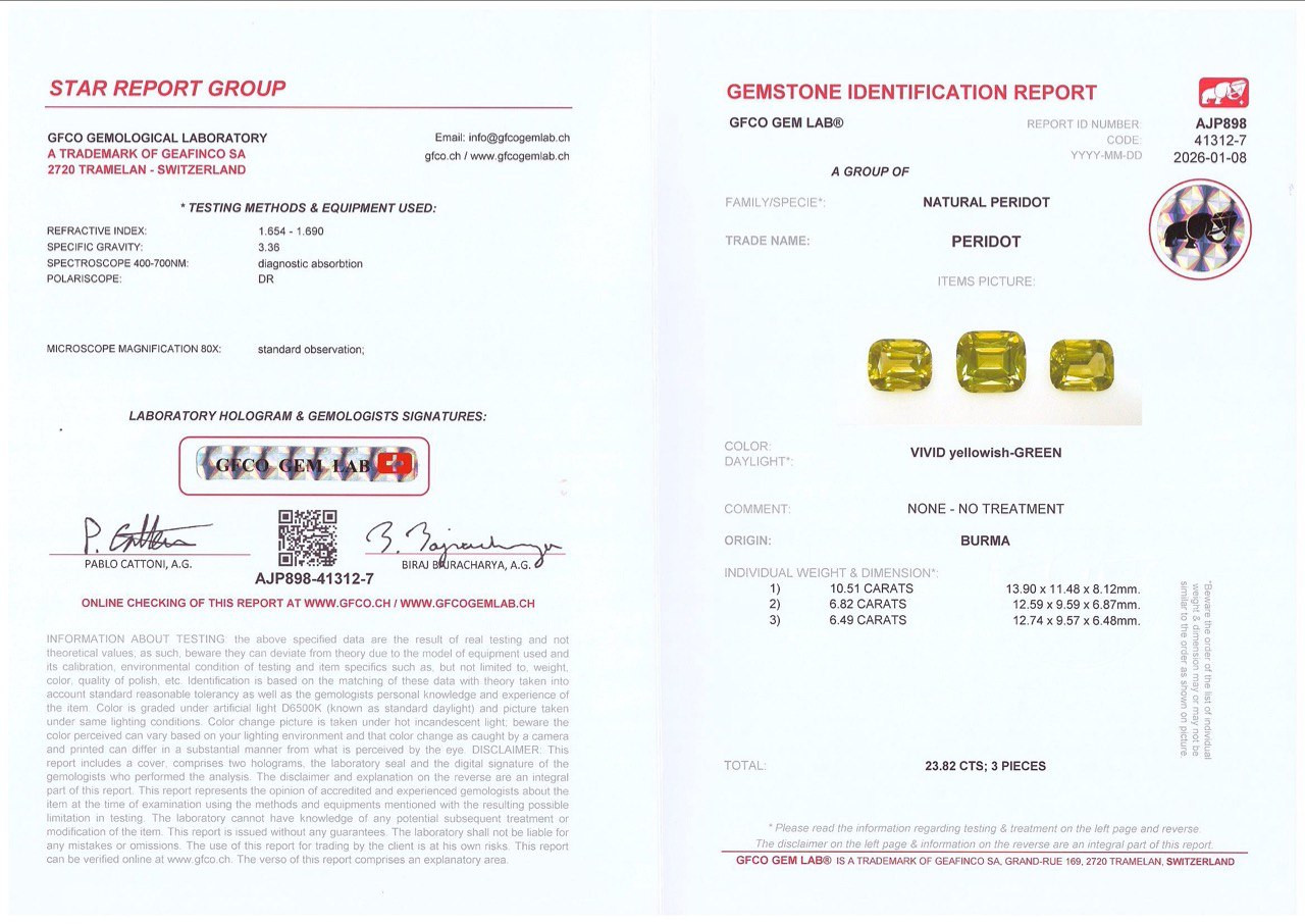 Set of Vivid yellow green peridots 23.82 carats cushion-cut, Burma Image №6
