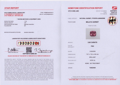 Certificate Malaya-granat im kissenschliff 2,62 karat, Tansania 